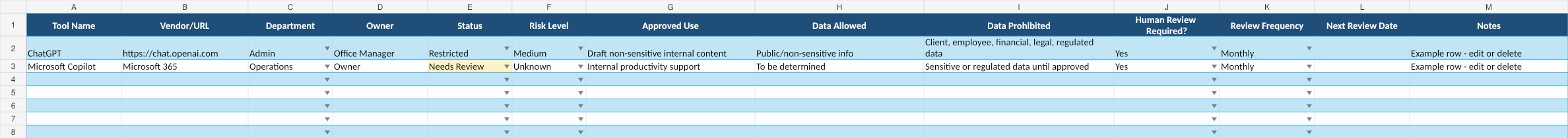 Preview of the approved tool register spreadsheet